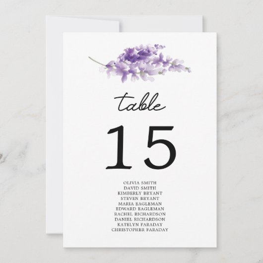 Lavendel Hochzeitsstichtabelle Tischnummer (Vorderseite)