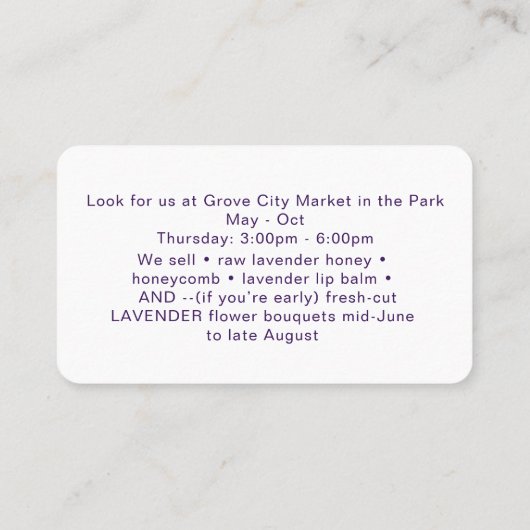 Lavendel Honey Apiary Beekeeper Business Card Visitenkarte (Rückseite)