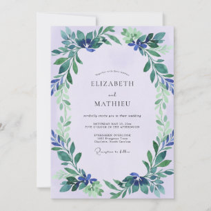 Lavendel-Indigo-Laub-Eukalyptus-Hochzeit Einladung