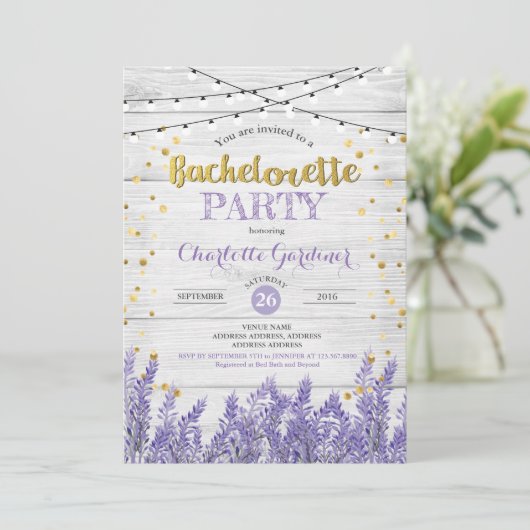 Lavendel Junggeselinnen-Abschied Einladung rustika (Stehend Vorderseite)