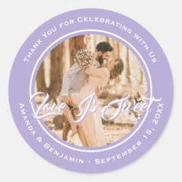 Lavendel Liebe ist süßes Hochzeitsfest Foto Runder Aufkleber