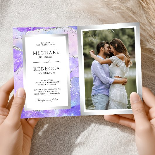 Lavendel-Lila-Achat-Marmor-QR-Code-Hochzeit Einladung