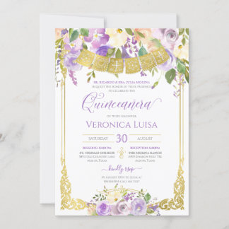 Lavendel Lila Aquarellfarben Gold Quinceanera Einladung
