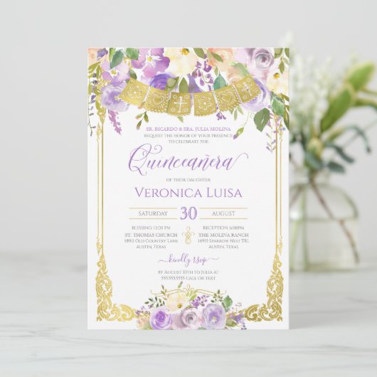 Lavendel Lila Aquarellfarben Gold Quinceanera Einladung (Stehend Vorderseite)