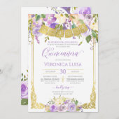 Lavendel Lila Aquarellfarben Gold Quinceanera Einladung (Vorne/Hinten)