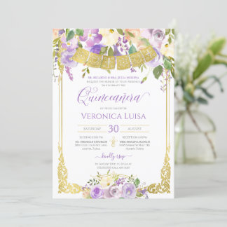 Lavendel Lila Aquarellfarben Gold Quinceanera Einladung