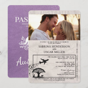 Lavendel Lila Australien Reisepass Hochzeit Einladung