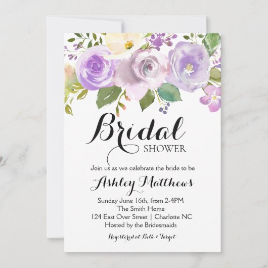 Lavendel-lila BlumenBrautparty-Einladung Einladung (Vorderseite)