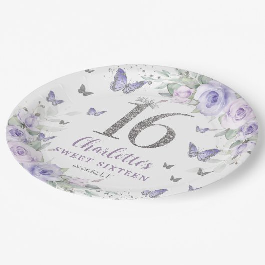 Lavendel Lila Blumenschmetterlinge süß 16 Pappteller (Schrägansicht)