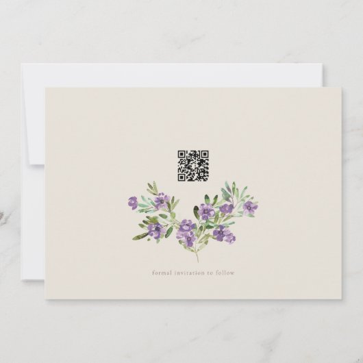 Lavendel Lila botanischer Kranz QR Save The Date (Rückseite)