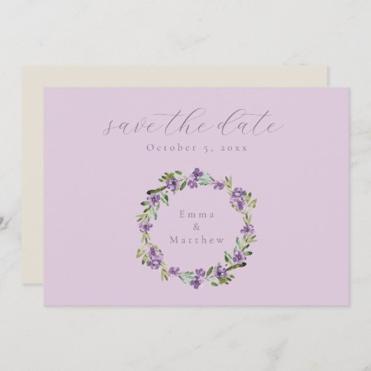 Lavendel Lila botanischer Kranz QR Save The Date (Vorne/Hinten)
