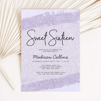 Lavendel Lila Brush Glitzer Sweet 16 Einladung