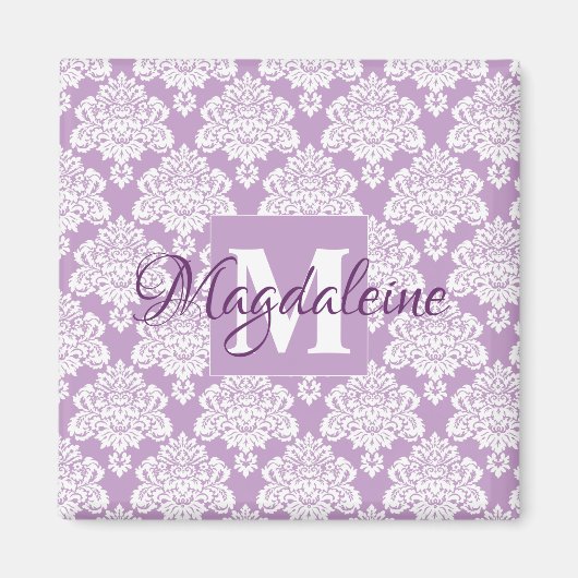 Lavendel Lila Damask Monogram mit Name Magnet (Vorne)