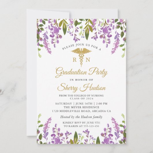Lavendel Lila Floral Gold RN Abschluss Pflege Einladung (Vorderseite)