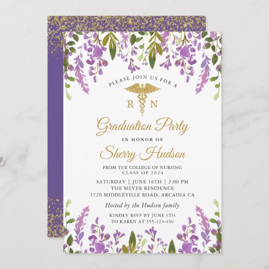 Lavendel Lila Floral Gold RN Abschluss Pflege Einladung (Vorne/Hinten)