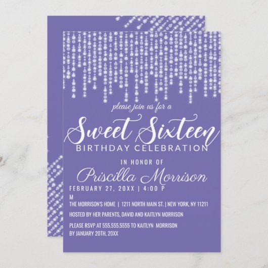 Lavendel Lila Hanging Diamond Lights Sweet 16 Einladung (Vorne/Hinten)