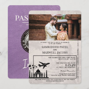 Lavendel-Lila-Indien-Reisepass-Hochzeitseinladung Einladung