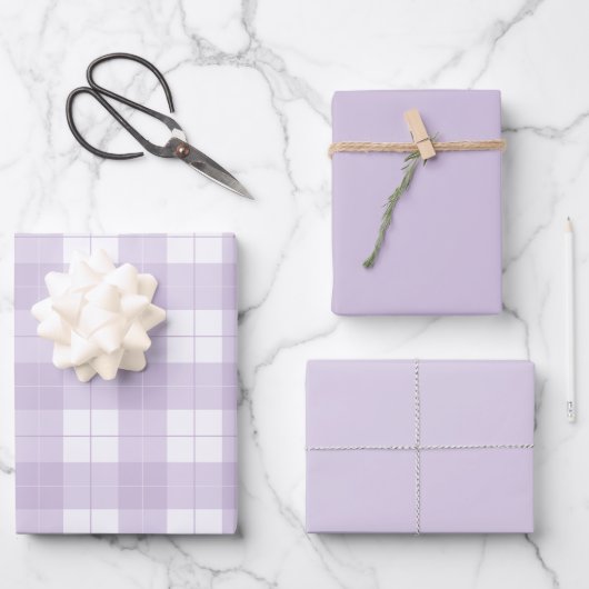 Lavendel Lila Kariertes Muster und Matching Solids Geschenkpapier Set (Vorderseite)