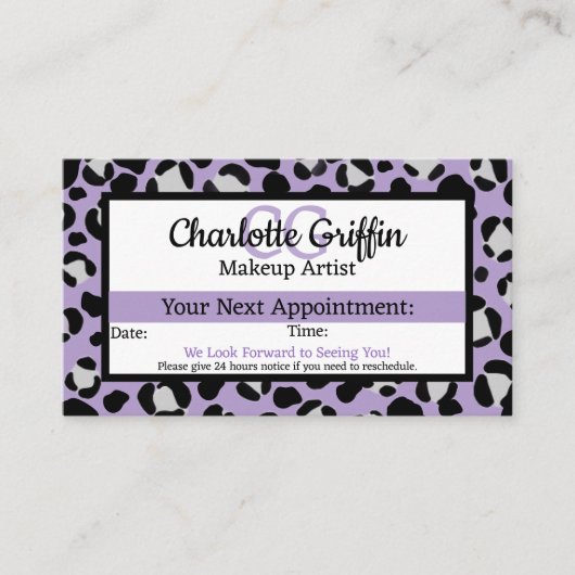 Lavendel Lila Leopard Lash & Makeup Ernennung Visitenkarte (Vorderseite)