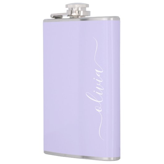Lavendel Lila Modern Script Girly Monogram Name Flachmann (Links)