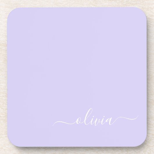 Lavendel Lila Modern Script Girly Monogram Name Getränkeuntersetzer (Vorderseite)