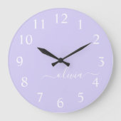 Lavendel Lila Modern Script Girly Monogram Name Große Wanduhr (Vorderseite)