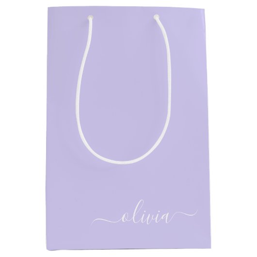 Lavendel Lila Modern Script Girly Monogram Name Mittlere Geschenktüte (Vorderseite)