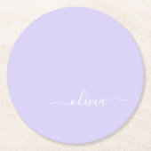 Lavendel Lila Modern Script Girly Monogram Name Runder Pappuntersetzer (Vorderseite)