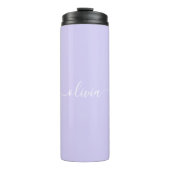 Lavendel Lila Modern Script Girly Monogram Name Thermosbecher (Vorderseite)