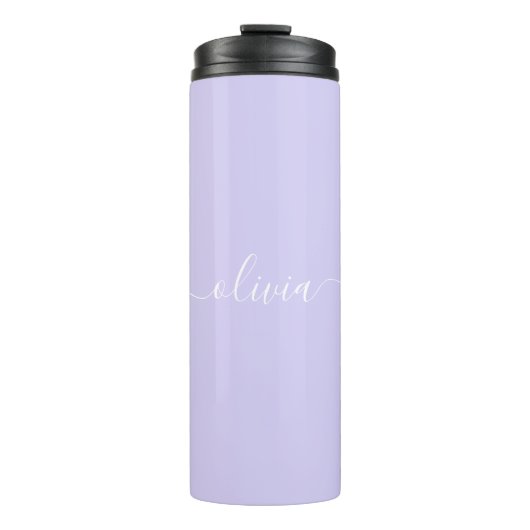 Lavendel Lila Modern Script Girly Monogram Name Thermosbecher (Vorderseite)