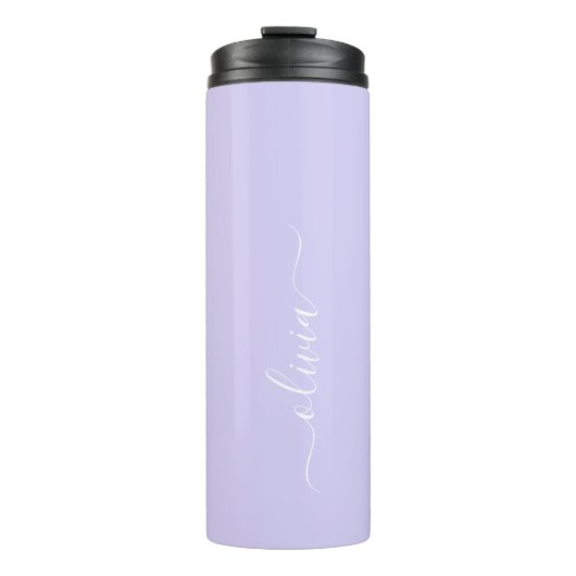 Lavendel Lila Modern Script Girly Monogram Name Thermosbecher (Vorderseite)