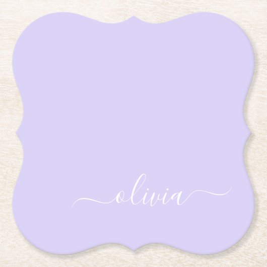 Lavendel Lila Modern Script Girly Monogram Name Untersetzer (Vorderseite)