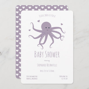 Lavendel Lila Octopus Hearts Cartoon Babydusche Einladung