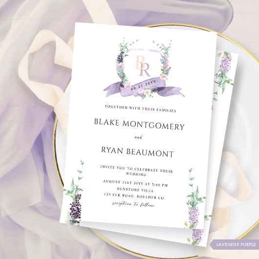 Lavendel, Lila, Pastellfloral Monogram Wedding Einladung