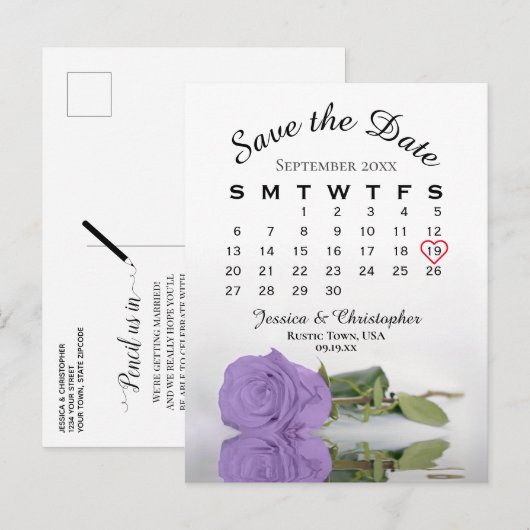 Lavendel Lila Rose Kalender Save the Date Ankündigungspostkarte (Vorne/Hinten)