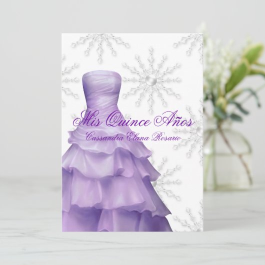 Lavendel Lila Schneeflocken Weiße Quinceanera Einladung (Stehend Vorderseite)