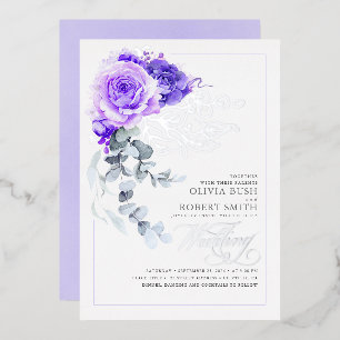 Lavendel-Lila & Silberfolie Florale Boho-Hochzeit Folieneinladung