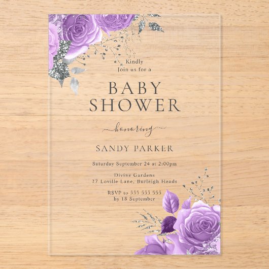 Lavendel Lila & Silver Baby Dusche Acryleinladungen (Vorderseite)