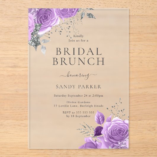 Lavendel Lila & Silver Brautparty Brunch Acryleinladungen (Vorderseite)