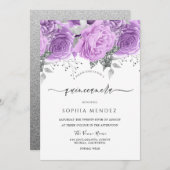 Lavendel Lila Silver Floral Sparkle Quinceanera Einladung (Vorne/Hinten)