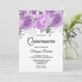 Lavendel Lila Silver Floral Sparkle Quinceanera Einladung (Stehend Vorderseite)