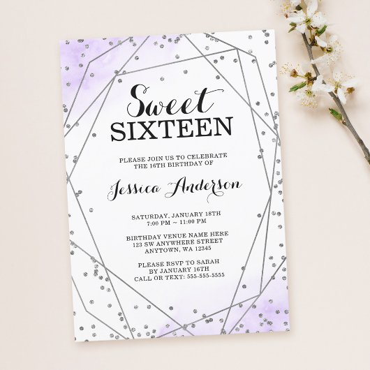Lavendel Lila Silver Glitzer Geometric Sweet 16 Einladung