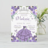 Lavendel Lila Silver Rose Butterfly Quinceanera Einladung (Stehend Vorderseite)