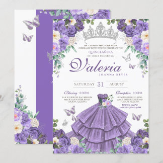 Lavendel Lila Silver Rose Butterfly Quinceanera Einladung