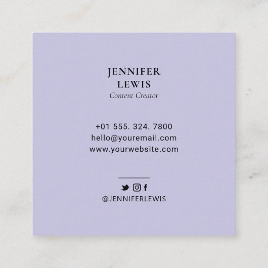Lavendel Lila Simple Modern Foto Social Media Quadratische Visitenkarte (Rückseite)