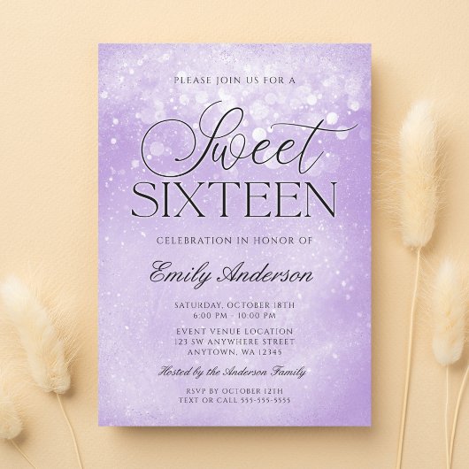Lavendel Lila Sparkle Sweet 16 Einladung