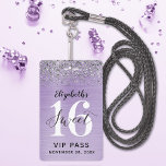 Lavendel Lila Sweet 16 Geburtstag VIP Ausweis<br><div class="desc">Eine clevere Art, Ihre Gäste zu Ihrer süßen 16 Geburtstagsparty einzuladen. Diese lila Lavendel-Abzeichen-Einladungen mit 16 VIP-Pass werden Ihre Gäste begeistern. Das Design besticht durch einen Imitat-Lavendel lila gebürstetes Metall mit silberfarbenem Glitzer und einen modernen handgeschriebenen Script-Schriftart. Personalisieren Sie die Vorder- und Rückseite dieser Vorlage für Ihre 16 . Geburtstag...</div>