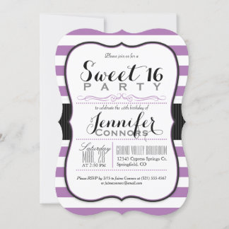 Lavendel Lila und weiße Streifen Sweet 16 Party Einladung