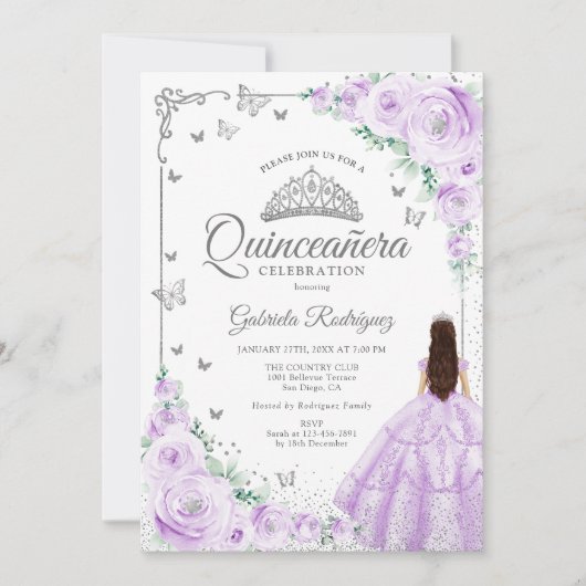 Lavendel Lila Wasserfarbe Blumenquinceanera Einladung (Vorderseite)