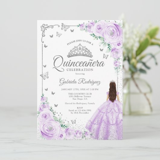 Lavendel Lila Wasserfarbe Blumenquinceanera Einladung (Stehend Vorderseite)